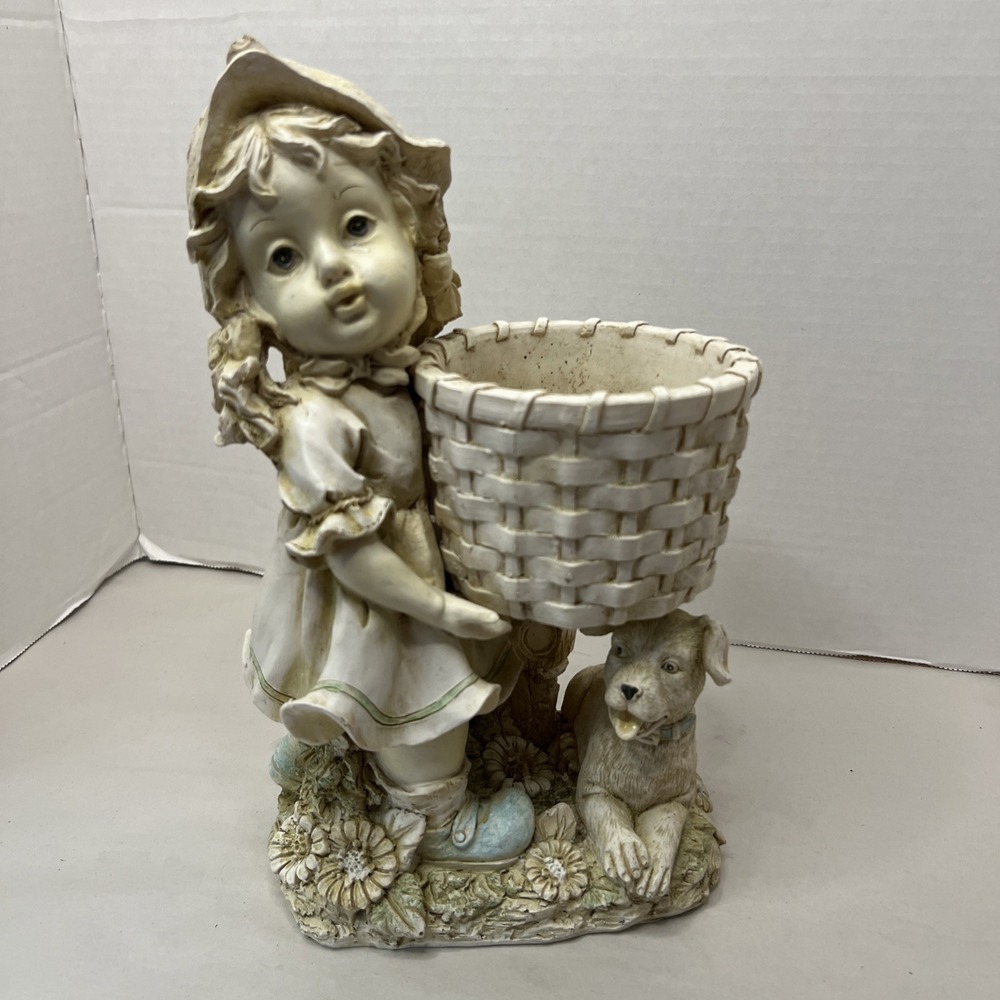 Vintage Girl in Dress With Dog Planter/Flowers indoor or outdoor garden